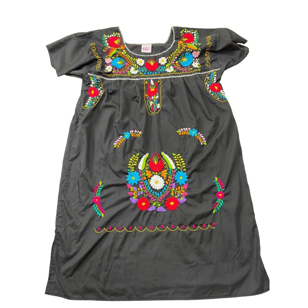 Nativa Mexican Embroidered Dress Black Floral Puebla Boho Midi Short Sleeve